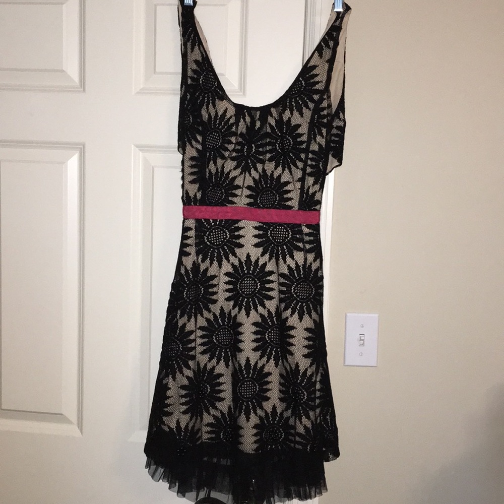 Black nude and pink evening dress